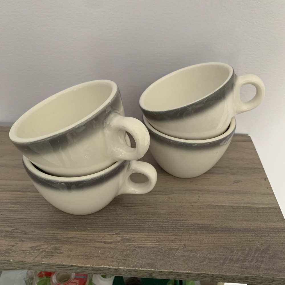 4 VTG Homer Laughlin Restaurant Ware Ironstone Coffee Cups White Luster Grey Rim